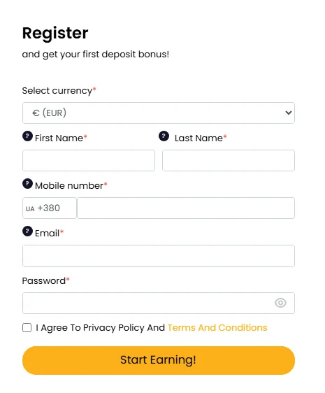 Galaxy Spins casino registration form